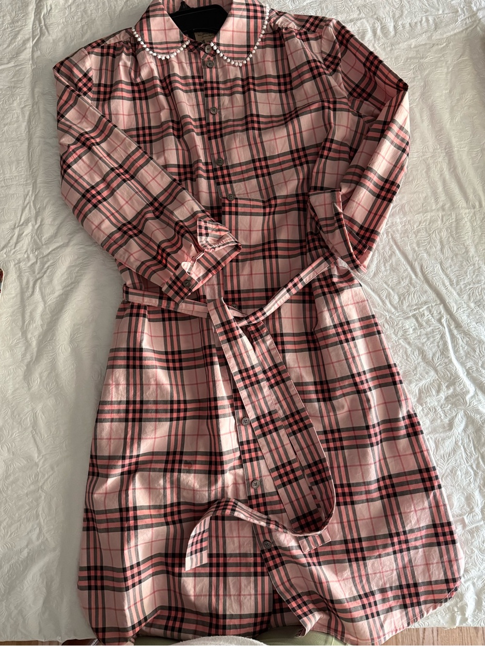 Woman’s BURBERRY Pink Plaid Shirt Dress with Pearl-Trim Collar and Waist Tie 2